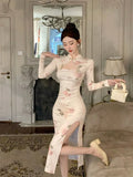 KYLETHOMASW  -  Vintage Dresses Women Floral Printed Stand Collar Long Sleeve Hollow Out Slim Split Elegant Dress Ladies Stylish