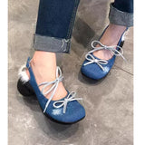 KYLETHOMASW  -  Denim Fur-Trimmed Bowknot Platform Shaped Heel Sandals Woman Summer Slingback Closed-Toe Chunky Heels Mary Jane Shoes