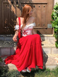 KYLETHOMASW  -  Summer New Beach 2 Piece Sets Women Hotsweet Off Shoulder Star Print Casual Tops Mushroom Edge Draw Pleats Slim Long Skirt