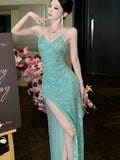 KYLETHOMASW  -   Women's Sexy Green Evening Dresses Slim Backless V-Neck Split Gown Long Dress Fashion Robe Birthday Party Vestidos Spring Autumn
