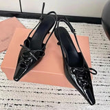 KYLETHOMASW  -   Designer High Heels Women Pointed Lace-up Slingback Sandals Female Patent Leather Stiletto Heels Bow Low Heel Muller Pumps Women