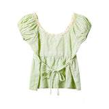 KYLETHOMASW  -  Sweet Girl Fresh Lace Puff Short-sleeved Shirts Women's Summer Bow Lace-up Slim Short Temperament Pullover Tops Female Clothing
