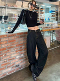 Kylethomasw Vintage Black Wide Leg Jeans with Rivets Y2k High Wasit Denim Pants Women Korean Style Kpop Baggy Harajuku Trousers New