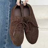 KYLETHOMASW  -  women's natural suede leather round toe lace-up flats oxfords high quality soft comfortable casual female flats shoes