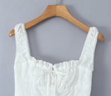 KYLETHOMASW  -  Sexy White Emboridery Flower Bow Ruched Chest Elastic Strap Mini Tank Dress Low Waist Spliced Folded Swing Women Sleeveless Robe