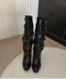 KYLETHOMASW  -  Vintage Belt Buckle Women Knee High Boots Fashion Removable Shoes Autumn Winter Ladies Elegant Thick Heel Knight Long Booties