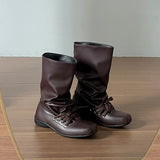 KYLETHOMASW  -  Vintage Flats Women Western Cowboy Boots Fashion Ladies Square Toe Pleated Knight Mid Calf Booties
