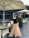 KYLETHOMASW  -  Elegant Mesh Skirt Set Women's Spring New A-Line Pleated Midi Long Skirt Two-Piece Set Fashionable Casual Summer Outfits