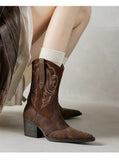 KYLETHOMASW  -  Embroidery cow leather women cowboy boots chunky heel slip on booties