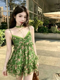 KYLETHOMASW  -  Sweet Lolita Kawaii Mini Dress Women Floral Lace Ruffle Tiered Cake Skirt V Neck Bowknot Spaghetti Strap Vacay Daily Fashion