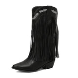 KYLETHOMASW  -  Women Fringe Western Boots Pink Sweet Embroidered Boots Brown Tassels Block Medium Heels Shoes Plus Size 48 Lady Winter