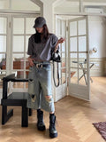 Kylethomasw Ripped Oversize Denim Shorts Jeans Hollow Out Calf-Length Pants Women Hip Hop Summer Fashion Streetwear Vintage Bottoms