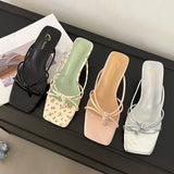 KYLETHOMASW  -  Fashion Shallow Women Thin Heel Slippers Slides Square Toe Ladies Medium Heel Slippers Sandals Shoes Female Flip flops Pumps