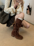 KYLETHOMASW  -  Brown Suede Boots Woman Round Toe Fall Winter Gothic Shoes Fashion Chunky Heels Knee High Boots Western Style Ladies Shoes