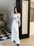 KYLETHOMASW  -  Ink Blue Blended Long Dress For Women In Autumn And Winter, With A High-End Feel And Printed Elastic One Neck Knitted Dress