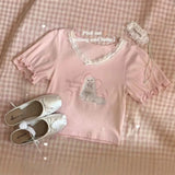 KYLETHOMASW  -  Chic Short Sleeve T-Shirt Women's Summer Dopaamine Sweet Short Style Cat Lace Trim Cotton Polyester Print round Neck Top
