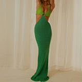KYLETHOMASW  -  Boho Knitted Hollow Out Long Dress Sexy V Neck Backless Tie-up Halter Dress Chic Women Summer Beach Holiday Club Party Clothing