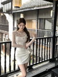 Summer Korean Fashion Light Luxury Knit Evening Gown Women's Round Neck Long-sleeve Tulle Paneled Bodycon Mini Dress High-street