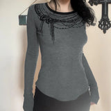 KYLETHOMASW  -  Fashionable dark chain print contrasting round neck long sleeved simple grey slim fit slimming front shoulder top