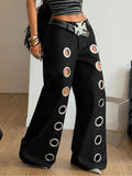 KYLETHOMASW  -  Women's black straight-leg pants metal rings hollow high-waisted loose-fitting trendy streetwear Y2K era high street aesthetic