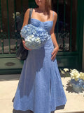 KYLETHOMASW  -  Sexy Spaghetti Straps Corset Style A-line Midi Dresses Women Fashion Hem Slit Blue Summer Dress Night Out Vestidos