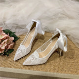 KYLETHOMASW  -  White Heels French Dress Wedding Shoes Lace Bridesmaid Shoes White Pointed High Heels Women's Stiletto Design Bridal Shoes
