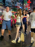 KYLETHOMASW  -  Fashion Street Lace Patchwork Denim Skirt for Women Vintage Hole Washed Low-waist Skirts 2025 Summer New Blue Faldas De Mujer
