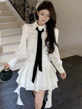 KYLETHOMASW  -  Elegant White Shirt Dresses Korean Preppy Style Long Sleeves Ruffle Party Mini Dress Slim Waist Casual Vestidos Female Outfits