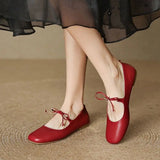 KYLETHOMASW  -  Women's Bow Square Toe Mary Jane Flat Shoes Genuine Soft Leather Low Heel Soft Sole Silver Spring Summer New Style