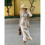 KYLETHOMASW  -  French Elegant Flying Sleeve Floral Dress for Women Summer Stylish Splicing Square Neck Slimming A-line Long Dress