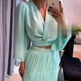 Kylethomasw Ladies Elegant Long Sleeve 2pc Sets Sexy V-neck Lace Up Top with Pleated Skirt Suits Fashion Solid Cocktail Party Outfits