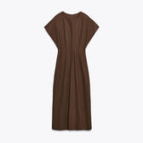 KYLETHOMASW  -  Elegant Women Short Sleeve Midi Dress New Spring Summer Sexy Round Neck Draped High Waist Robe Office Party Long Dresses