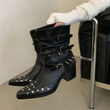 KYLETHOMASW  -  Black Gothic Shoes Platform Rivet Belt Buckle Chunky Heels Ankle Boots Punk Woman Cowboy Western Boots 2025 New Arrival
