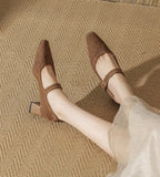 KYLETHOMASW  -  High Heeled Women Autumn New Fashion One-word Buckle with Light Mouth Pumps Womens Thick Heel Small Square Head Mary Jane Shoes