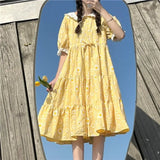 KYLETHOMASW  -  Women Yellow Floral Printed Dress 2024 Summer New Loose Fitting Casual High Waisted College Style Puff Sleeves Dresses