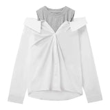 Kylethomasw Vintage Strapless Contrast Color Patchwork Long-sleeved Shirt Women 2025 Spring New Fake Two-piece Single-breasted Casual Tops