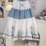 KYLETHOMASW  -  Cute Mori Girl Style Summer Bow Ruffle Plaid A-Line Maxi Skirt Korean Fashion Kawaii High Waist Picnic Long Skirts for Women