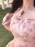 KYLETHOMASW  -  Halterneck Dress For Women's Korean Pink Rose Chiffon Clothing 2024 New Summer Elegant Party Korean Fashion Floral Long Dresses.