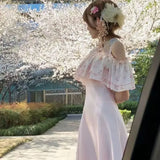 KYLETHOMASW  -  Summer Sweet Lace Lolita Waist Slimming A-line Long Dress for Women Off Shoulder Ruffle Short Sleeve Pink Elegant Dress