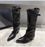 KYLETHOMASW  -  Vintage Pleated Belt Buckle Faux Suede Women Knee High Boots Autumn Winter Fashion High heels Western Cowboy Knight Boots Shoes