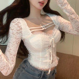 Kylethomasw   Spring for Women Crop Tops Korean Style Retro Lace Shirt Long-sleeved Lace Up White Tee Shirt