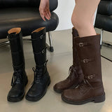 KYLETHOMASW  -  Autumn Winter Vintage Round Toe Women Knee-High Boots Designer Cross-tied Buckle Strap Square Low Heels Long Booties