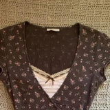 KYLETHOMASW  -  Y2k Print Floral T Shirt For Women Spring Summer Vintage Ropa De Mujer Japanese Style V Neck Bandage Versatile Tees