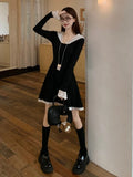 Kylethomasw Elegant Black Mini Dress for Women Lace Hooded Vintage Long Sleeve A-line Dress French Style Fashion Spring Autumn Dress