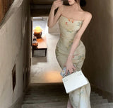 KYLETHOMASW  -  French Elegant Print Dress for Women Sleeveless Vintage Split Dresses Fashion Slim Sling Sweet New Summer Dress Korean