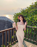 KYLETHOMASW  -  New Women Midi Dress Summer Spaghetti Strap Solid Pleated Sexy Bodycon Elegant Party Slim One Piece Clothes Vestidos