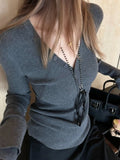KYLETHOMASW  -  Y2k Slim V Neck Long Sleeve Single Breasted Solid All Match Knitted Women Clothing
