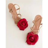 KYLETHOMASW  -  Pink Rose Flower Open-Toe Fuchsia Stiletto Sandals Woman Summer Cross Strap Slip-On Slingback High Heels Pumps Wedding