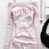 KYLETHOMASW  -  Y2K Style Women's Pink Fake Two-Piece Sweatshirt Off Shoulder Letter Graphic Slim Fit Top American 2000s Grunge Sweet Girls
