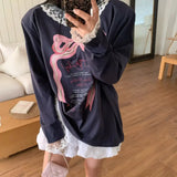 KYLETHOMASW  -  Korean Temperament Bow Letter Printed T-shirt Women Spring New Patchwork Lace Edge Long Sleeved Top